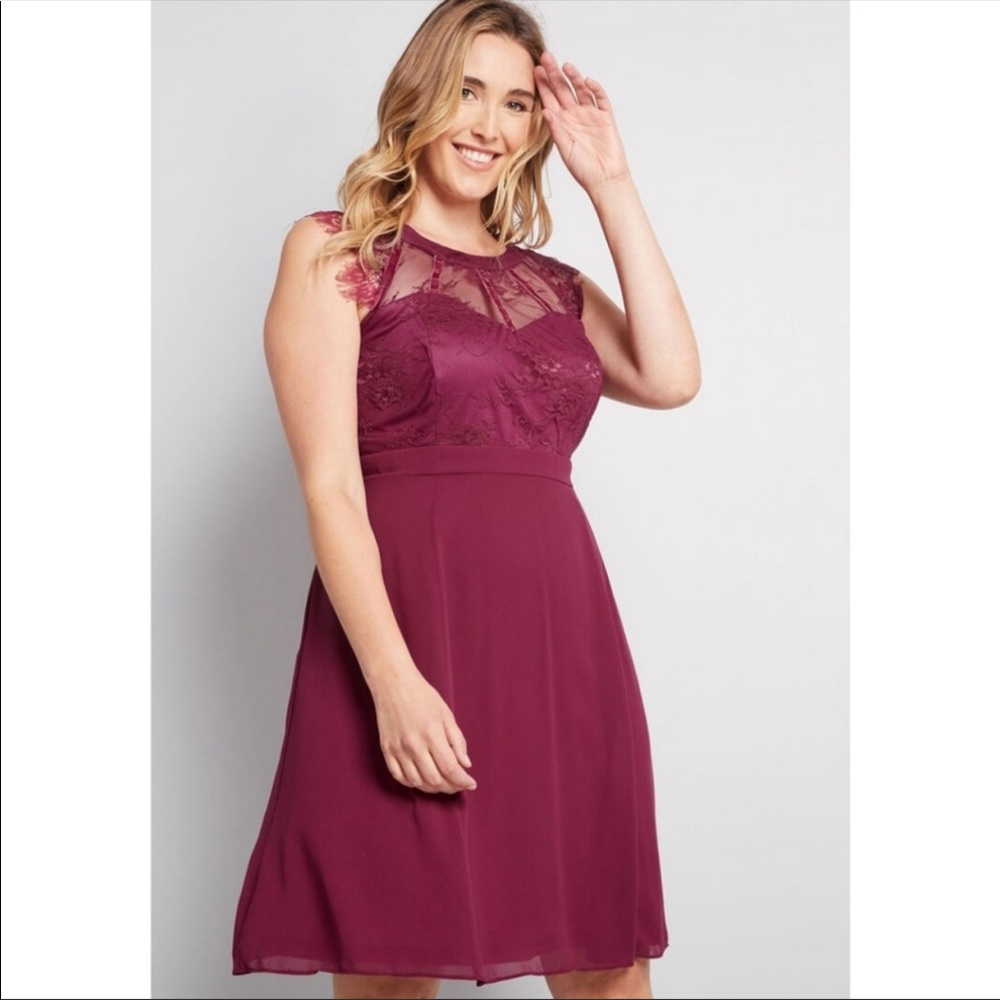 Modcloth Lace Velvet Trim Chiffon A-Line Dress